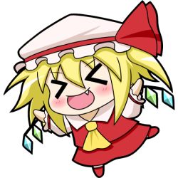 Rule 34 | &gt; &lt;, 1girl, ascot, blonde hair, blush, bow, chibi, closed eyes, embodiment of scarlet devil, fang, female focus, flandre scarlet, full body, hat, lowres, nichika (nitikapo), open mouth, short hair, side ponytail, simple background, solo, touhou, transparent background, vampire, wings