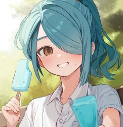 Rule 34 | 1boy, aqua hair, blurry, blurry background, blush, brown eyes, buttons, collared shirt, dot nose, dual wielding, ebi (shrimp eleven), foliage, food, food bite, grin, hair over one eye, hair tie, hand out of frame, hands up, happy, highres, holding, inazuma eleven (series), incoming food, kazemaru ichirouta, male focus, medium hair, outdoors, outstretched hand, ponytail, popsicle, portrait, pov, shirt, short sleeves, smile, solo, sunlight, sweat, water drop, white shirt, wing collar