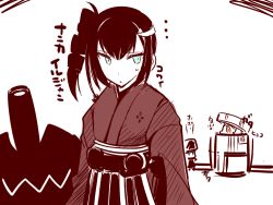 Rule 34 | 10s, abyssal ship, ancient destroyer oni, black hair, blue eyes, cannon, drill hair, drum (container), hakama, hakama skirt, in container, japanese clothes, kantai collection, kimono, looking back, meiji schoolgirl uniform, northern ocean princess, orange eyes, pt imp group, sako (bosscoffee), side ponytail, skirt, sweatdrop, translation request, white hair