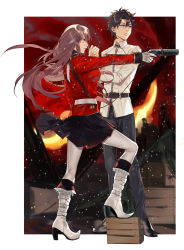 Rule 34 | 1boy, 1girl, aiming, arm at side, bandages, belt, black hair, black pants, black skirt, blue eyes, boots, box, breasts, closed mouth, command spell, explosion, fate/grand order, fate (series), fire, florence nightingale (fate), from side, fujimaru ritsuka (male), full body, gun, highres, holding, holding gun, holding weapon, hug (yourhug), knee boots, light particles, long hair, long sleeves, medium breasts, medium skirt, on box, outstretched arm, pants, pantyhose, pink hair, pleated skirt, red eyes, red shirt, serious, shirt, skirt, smoke, standing, very long hair, weapon, white footwear, white pantyhose, white shirt, wooden box