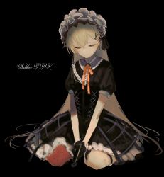 Rule 34 | 1girl, absurdres, black background, black dress, black gloves, blonde hair, character name, dress, earrings, frills, girls&#039; frontline, gloves, gun, hair between eyes, hair ornament, hairclip, handgun, hara shoutarou, highres, holding, holding gun, holding weapon, jewelry, long hair, maid headdress, neck ribbon, pocket pistol, ppk (girls&#039; frontline), ribbon, short sleeves, simple background, sitting, solo, thighhighs, walther, walther ppk, weapon, yellow eyes