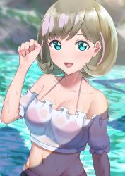 Rule 34 | 1girl, bare shoulders, bikini, blue eyes, blush, brown hair, collarbone, frills, highres, looking at viewer, love live!, love live! superstar!!, midriff, navel, niaru (r2pi), open mouth, outdoors, pink bikini, see-through, short hair, smile, solo, strapless, swimsuit, tang keke, tube top, wet, wet clothes
