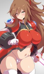 Rule 34 | 1girl, android, blush, breasts, brown hair, cameltoe, gloves, green eyes, high ponytail, highres, holding, holding sword, holding weapon, image sample, iris (mega man), konno tohiro, large breasts, looking at viewer, mega man (series), mega man x4, mega man x (series), mega man x dive, smile, solo, sword, thighhighs, twitter sample, weapon, white gloves