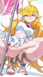 1girl absurdres ahoge arm_up armlet arukiru blonde_hair blue_eyes breasts bridal_gauntlets commentary flipped_hair frilled_skirt frills gladiator_sandals grin highres jewelry large_breasts long_hair looking_at_viewer midriff nail_polish outstretched_arm panties panty_&amp;_stocking_with_garterbelt panty_(psg) pole red_nails red_panties sandals simple_background skirt smile solo spread_legs squatting stripper_pole tiptoes toenail_polish toenails underwear very_long_hair white_background white_skirt