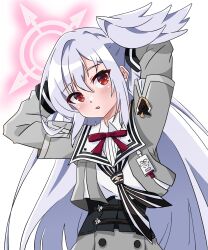 Rule 34 | 1girl, absurdres, amanotti 01, arms behind head, arms up, blue archive, blush, bow, collared shirt, commentary request, grey hair, grey jacket, grey skirt, grey wings, halo, head wings, highres, jacket, layered sleeves, long hair, long sleeves, looking at viewer, parted lips, red bow, red eyes, shirt, short over long sleeves, short sleeves, simple background, single hair intake, single head wing, skirt, solo, suzumi (blue archive), very long hair, white background, white shirt, wings