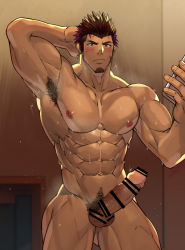 Rule 34 | 1boy, abs, arm behind head, arm up, armpit hair, armpits, bar censor, bara, blush, censored, commentary request, cowboy shot, doorway, erection, facial hair, holding, holding phone, indoors, large pectorals, large penis, male focus, male pubic hair, muscular, muscular male, nipples, nude, original, paid reward available, pectorals, penis, phone, pubic hair, red hair, sideburns, solo, spiked hair, standing, testicles, toirotto, wet