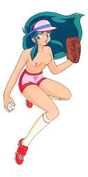 Rule 34 | 1girl, breasts, female focus, full body, green hair, horns, legs, long hair, lum, nipples, nude filter, oni, shoes, simple background, smile, socks, solo, tagme, thighs, third-party edit, urusei yatsura, white background