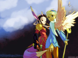 Rule 34 | 2girls, angel wings, animal ears, back, black eyes, black hair, blonde hair, breath of fire, breath of fire iv, bun cover, capcom, cloud, dress, eyeshadow, feathers, flat chest, from behind, frown, gloves, gun, hairband, makeup, multiple girls, nina (breath of fire iv), official art, official wallpaper, outdoors, pale skin, pantyhose, ribbon, short dress, short hair, sky, staff, tail, third-party edit, ursula (breath of fire), watermark, weapon, white wings, wings, yoshikawa tatsuya