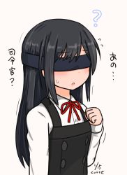 Rule 34 | 1girl, ?, artist name, asashio (kancolle), black hair, blindfold, curse (023), dated, dress, flat chest, kantai collection, long hair, long sleeves, neck ribbon, open mouth, pinafore dress, red ribbon, ribbon, shirt, simple background, sleeveless, sleeveless dress, solo, upper body, white background, white shirt