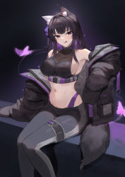 Rule 34 | 1girl, :q, absurdres, animal ears, armpits, bare shoulders, black hair, black jacket, black pants, black shirt, breasts, cat ears, cleavage, closed mouth, commission, crop top, highleg, highres, jacket, large breasts, long hair, long sleeves, looking at viewer, midriff, mole, mole under mouth, molyb, navel, off shoulder, open clothes, open jacket, original, pants, puffy sleeves, purple eyes, revealing clothes, shirt, sideboob, sitting, sleeveless, sleeveless shirt, sleeves past fingers, sleeves past wrists, smile, solo, stomach, thigh strap, tongue, tongue out
