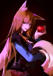 Rule 34 | 1girl, absurdres, animal ear fluff, animal ears, apple, blue shirt, brown hair, food, fruit, gradient background, hand up, highres, holo, in palm, long hair, long sleeves, looking at viewer, nem graphics, parted lips, pouch, red apple, red eyes, shirt, smile, solo, spice and wolf, tail, teeth, upper body, very long hair, wolf ears, wolf girl, wolf tail