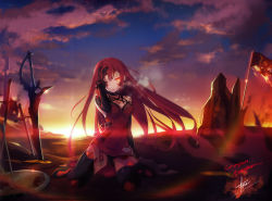 Rule 34 | 1girl, arrow (projectile), black gloves, black thighhighs, blood, blood on face, breasts, breath, cloud, crimson avenger (elsword), elbow gloves, elesis (elsword), elsword, gloves, gradient background, hagha, long hair, planted, planted sword, planted weapon, red eyes, red hair, shield, signature, sitting, sky, solo, sword, thighhighs, twilight, very long hair, wariza, weapon