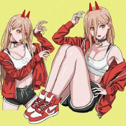 Rule 34 | 1girl, bare shoulders, bell, black choker, blonde hair, chainsaw man, choker, crop top, cross-shaped pupils, demon girl, demon horns, dolphin shorts, fang, hair between eyes, highres, horns, jacket, neck bell, nike, open clothes, open jacket, paw pose, power (chainsaw man), red horns, ringed eyes, sharp teeth, shiren (ourboy83), shorts, simple background, solo, symbol-shaped pupils, teeth, zipper