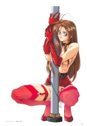 Rule 34 | 1990s (style), 1girl, antenna hair, black neckwear, blue eyes, breasts, brown hair, collar, dated, elbow gloves, gloves, highres, holding, holding pole, large breasts, leash, legwear garter, lipstick, long hair, looking at viewer, makeup, original, pencil skirt, pole, red footwear, red gloves, red lips, red skirt, red thighhighs, retro artstyle, simple background, skirt, solo, squatting, thighhighs, topless, umetsu yukinori, white background, wire