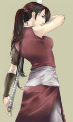 Rule 34 | 1girl, arm guards, balsa, bare arms, bare shoulders, blue eyes, breasts, brown hair, chokokurimo, closed mouth, cowboy shot, dress, green background, hair between eyes, holding, holding weapon, leather, long hair, looking to the side, medium breasts, pink lips, polearm, ponytail, profile, red dress, sash, seirei no moribito, simple background, sleeveless, sleeveless dress, solo, spear, standing, weapon