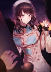 Rule 34 | 1girl, absurdres, bad id, bad pixiv id, bag, black hair, blue eyes, blurry, blush, breasts, building, coat, depth of field, doorway, dutch angle, hat, highres, holding, holding bag, hplay, idolmaster, idolmaster shiny colors, jewelry, kazano hiori, long hair, long sleeves, looking at viewer, mole, mole under mouth, opening door, pink coat, pink scarf, ponytail, pov, pov doorway, pov hands, purple sky, ring, scarf, sidelocks, sky, smile, solo, solo focus, sunset, sweater, turtleneck, turtleneck sweater, wedding band, white hat