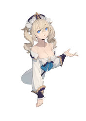 Rule 34 | 1girl, absurdres, barbara (genshin impact), bare shoulders, blonde hair, blue eyes, bow, bowtie, breasts, cleavage, cleavage cutout, clothing cutout, collarbone, detached sleeves, dress, drill hair, genshin impact, hair between eyes, hat, highres, long hair, long sleeves, looking at viewer, open mouth, simple background, solo, twin drills, twintails, upper body, white background, white dress, wu yue [vulpes]