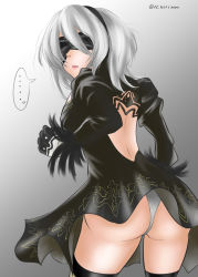 Rule 34 | ..., 1girl, ass, backless dress, backless outfit, black dress, black gloves, black thighhighs, blindfold, cowboy shot, dress, gloves, h.a.n.z.o.u, hairband, highres, juliet sleeves, leotard, leotard under clothes, long sleeves, looking at viewer, mole, mole under mouth, nier (series), nier:automata, parted lips, puffy sleeves, short hair, silver hair, solo, spoken ellipsis, thighhighs, white leotard, 2b (nier:automata)