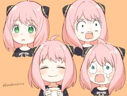 Rule 34 | 1girl, :o, ahoge, anya (spy x family), black dress, blush, child, closed eyes, commentary request, cropped torso, crying, crying with eyes open, dress, expressions, eyelashes, green eyes, hair ornament, hana busa hitsuji, looking to the side, medium hair, multiple views, neck ribbon, nose blush, open mouth, orange background, pink hair, red ribbon, ribbon, shirt, simple background, smile, spy x family, surprised, sweatdrop, tears, teeth, twitter username, upper teeth only, white shirt, wide-eyed, wing collar