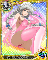 Rule 34 | 10s, 1girl, artist request, braid, breasts, card (medium), character name, chess piece, covered erect nipples, elbow gloves, gloves, grayfia lucifuge, grey eyes, high school dxd, large breasts, lipstick, long hair, maid headdress, makeup, official art, pink gloves, queen (chess), red lips, sideboob, silver hair, solo, thighhighs, trading card, twin braids