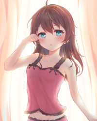 Rule 34 | 1girl, absurdres, ahoge, alternate hairstyle, backlighting, blue eyes, blush, breasts, brown hair, camisole, chemise, cleavage, clenched hand, collarbone, commentary, cowboy shot, curtains, eyelashes, groin, hair between eyes, hair down, highres, hololive, long hair, looking at viewer, natsuiro matsuri, open mouth, pink camisole, rubbing eyes, sleepwear, sleeveless, small breasts, solo, sunlight, virtual youtuber, window, zky (oekaky)