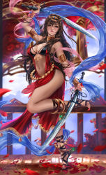 Rule 34 | 1girl, absurdres, arm up, armlet, bare shoulders, bell, bracelet, breasts, brown eyes, brown hair, cleavage, commentary, day, dual wielding, fingernails, full body, highres, holding, holding sword, holding weapon, indoors, javier estrada, jewelry, jingle bell, leg up, lips, looking at viewer, medium breasts, nail polish, navel, original, petals, sleeveless, sword, thighs, tiara, toeless footwear, weapon