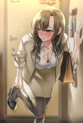 Rule 34 | 1girl, abe hikaru, arm at side, bag, black footwear, black pantyhose, blush, bra, bra peek, breasts, brown hair, cleavage, closed mouth, commentary request, door, doorway, downblouse, drunk, feet out of frame, foot up, formal, hand on wall, hand up, high heels, hikaru (gevp7588), indoors, jacket, jewelry, leaning forward, long hair, looking away, looking to the side, medium breasts, necklace, office lady, original, pantyhose, pencil skirt, pink bra, purple eyes, removing shoes, shirt, skirt, skirt suit, sleeves rolled up, solo, standing, standing on one leg, stiletto heels, suit, sweat, underwear, wavy hair, white shirt, yellow jacket, yellow skirt