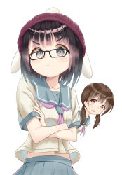 Rule 34 | &gt;:(, 2girls, black hair, blue eyes, blue sailor collar, blue skirt, blush, breasts, brown hair, can&#039;t be this cute, closed mouth, collarbone, commentary request, copyright request, crossed arms, frown, glasses, indie virtual youtuber, long hair, low twintails, mimikaki (men bow), multiple girls, open mouth, ore no imouto ga konna ni kawaii wake ga nai, parody, pleated skirt, purple neckwear, red eyes, red headwear, sailor collar, school uniform, serafuku, shirt, short sleeves, simple background, skirt, small breasts, twintails, v-shaped eyebrows, virtual youtuber, white background, white shirt
