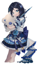 Rule 34 | 1girl, absurdres, aiba uiha, aoaso, black hair, blue bow, blue eyes, blue skirt, bow, commentary, frilled skirt, frills, hair bow, hair ornament, highres, holding, holding stuffed toy, hugging doll, hugging object, long hair, looking at viewer, nijisanji, simple background, skirt, smile, solo, stuffed animal, stuffed toy, virtual youtuber, white background