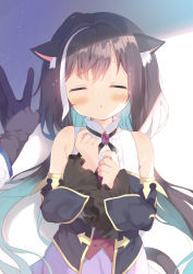 Rule 34 | 1girl, :o, animal ear fluff, animal ears, bare shoulders, black gloves, black hair, black sleeves, blue hair, cat ears, cat girl, cat tail, closed eyes, detached sleeves, facing viewer, gloves, gradient hair, hair between eyes, hands up, kabedon, karyl (princess connect!), long sleeves, low twintails, multicolored hair, parted lips, pov, pov hands, princess connect!, purple skirt, shirt, skirt, sleeveless, sleeveless shirt, solo focus, streaked hair, tail, twintails, waiting for kiss, white hair, white shirt, yuizaki kazuya