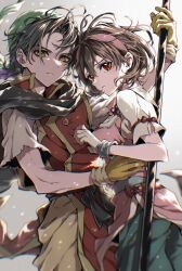 1boy 1girl 929lapi black_hair black_scarf breasts brown_pants cowboy_shot gensou_suikoden gensou_suikoden_i gensou_suikoden_ii gold_trim green_pants hair_between_eyes hairband highres holding holding_staff looking_at_viewer medium_breasts nanami_(suikoden) orange_eyes pants parted_bangs pink_hairband pink_tunic popped_collar puffy_short_sleeves puffy_sleeves red_eyes red_tunic scarf shirt short_hair short_sleeves staff tir_mcdohl torn_clothes torn_shirt tunic white_shirt