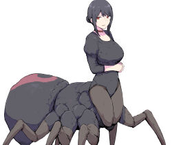 Rule 34 | 1girl, arthropod girl, black hair, breasts, choker, female focus, hair bun, insect girl, juliet sleeves, large breasts, long sleeves, looking at viewer, monster girl, original, own hands together, puffy sleeves, red choker, red eyes, simple background, solo, spider girl, taur, white background, yumeaso