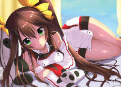 Rule 34 | 10s, 1girl, artist request, bare shoulders, blush, brown hair, detached sleeves, dress, female focus, green eyes, hair ribbon, highres, huang lingyin, infinite stratos, long hair, looking at viewer, lying, on side, panda, parted lips, ribbon, skirt, solo, stuffed animal, stuffed panda, stuffed toy, thighs, twintails
