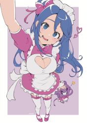 Rule 34 | 1girl, arm up, blue eyes, blue hair, breasts, character request, cleavage, cleavage cutout, clothing cutout, garter straps, heart, heart cutout, highres, large breasts, maid, maid headdress, marcy (gingrjoke), milka (milk4ppl), original, pink footwear, satmon (gingrjoke), short sleeves, solo, thighhighs, twitter username, white thighhighs, wrist cuffs