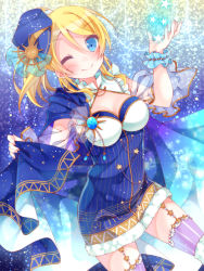 Rule 34 | 10s, 1girl, ;), ayase eli, blonde hair, blue eyes, breasts, cancer (symbol), cape, cleavage, cleavage cutout, clothing cutout, garter straps, gemini (symbol), hair ornament, leo (symbol), libra (constellation), libra (symbol), looking at viewer, love live!, love live! school idol festival, love live! school idol project, mogu (au1127), one eye closed, pisces (symbol), ponytail, scorpio (symbol), smile, solo, starry sky print, wrist cuffs