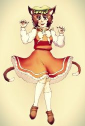 Rule 34 | 1girl, animal ears, bow, brown hair, cat ears, cat tail, chen, claws, dress, full body, hat, highres, long sleeves, moonywitcher, open mouth, red eyes, ribbon, shoes, short hair, smile, socks, solo, tail, teeth, touhou