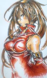 Rule 34 | 1girl, arc system works, bare shoulders, belt, blush, brown hair, chinese clothes, detached sleeves, guilty gear, kuradoberi jam, long hair, new (hadashinogen), solo, traditional media