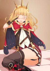 Rule 34 | 10s, 1girl, :d, adosan, adosan (horaizon1211), ass, black thighhighs, blanket, blonde hair, blunt bangs, blush, boots, cagliostro (granblue fantasy), cape, covering own eyes, facing viewer, granblue fantasy, headpiece, legs together, long hair, open mouth, pleated skirt, red cape, red skirt, sitting, skirt, smile, solo, strap, thighhighs, thighs, yokozuwari