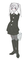 Rule 34 | 1girl, arms behind back, bespectacled, blush, boots, coat, full body, glasses, greyscale, hatsune miku, knee boots, monochrome, pantyhose, skirt, smile, solo, twintails, vocaloid, white background, wokada, yamaha