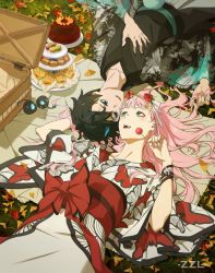 Rule 34 | 10s, 1boy, 1girl, alternate costume, animal print, black kimono, blue horns, butterfly print, cake, candy, couple, darling in the franxx, eye contact, eyeliner, food, green eyes, hairband, hetero, hiro (darling in the franxx), horns, japanese clothes, kimono, lollipop, looking at another, lying, makeup, multiple girls, oni horns, picnic basket, pink hair, red horns, white hairband, white kimono, zero two (darling in the franxx), zzl