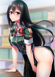 Rule 34 | 1girl, absurdres, black hair, black skirt, bow, bowtie, brown eyes, chikuma (kancolle), from side, hair between eyes, highres, kantai collection, long hair, long skirt, looking at viewer, no panties, pelvic curtain, puffy short sleeves, puffy sleeves, red bow, red bowtie, ruin re birth, short sleeves, side slit, skirt, solo