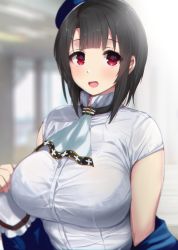 Rule 34 | 1girl, black hair, blush, bra, bra visible through clothes, breasts, closed mouth, commentary request, hair between eyes, highres, indoors, kantai collection, kusaka souji, large breasts, looking at viewer, off shoulder, red eyes, revision, see-through silhouette, shirt, short hair, short sleeves, sidelocks, smile, solo, sweat, takao (kancolle), underwear, undressing, upper body, wet, white shirt