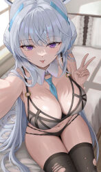Rule 34 | absurdres, aqua necktie, between breasts, black bra, black panties, blue archive, blurry, blurry background, blush, bra, breasts, cleavage, detached collar, dubeaduver, feet out of frame, foreshortening, grey hair, halo, highres, indoors, large breasts, long hair, looking at viewer, navel, necktie, necktie between breasts, noa (blue archive), on bed, panties, purple eyes, selfie, signature, sitting, thighhighs, tongue, tongue out, torn clothes, torn thighhighs, underwear, underwear only, v, very long hair