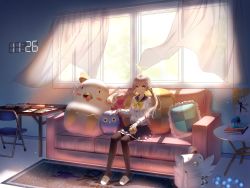 Rule 34 | 1girl, absurdres, bad id, bad twitter id, black pantyhose, blue archive, book, brown eyes, chair, clock, coach, copyright name, curtains, desk, digital clock, folding chair, gun, halo, hifumi (blue archive), highres, indoors, light smile, nay, pantyhose, pillow, poster (object), ribbon, rifle, rug, sailor collar, school uniform, scope, serafuku, shell casing, sitting, skirt, slippers, solo, stuffed animal, stuffed toy, sunlight, throw pillow, twintails, weapon, window, yellow ribbon