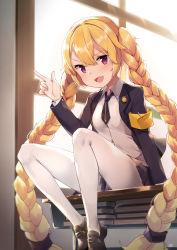 Rule 34 | 1girl, :d, absurdres, alternate costume, arm support, armband, bada (jksh5056), black jacket, black necktie, black skirt, blonde hair, blush, book, braid, brown footwear, collared shirt, commentary request, desk, fang, girls&#039; frontline, hair between eyes, head tilt, highres, indoors, jacket, loafers, long hair, long sleeves, looking at viewer, necktie, on desk, open mouth, pantyhose, pleated skirt, pointing, purple eyes, safety pin, school desk, school uniform, shirt, shoes, sitting, on desk, skirt, smile, solo, sr-3mp (girls&#039; frontline), sunlight, twin braids, twintails, v-shaped eyebrows, very long hair, white pantyhose, white shirt, window