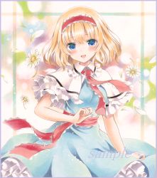 Rule 34 | 1girl, alice margatroid, arm up, bad id, bad pixiv id, blonde hair, blue dress, blue eyes, blush, border, capelet, colored pencil (medium), daisy, dress, flower, gradient background, hairband, jewelry, lolita hairband, looking at viewer, marker (medium), open mouth, petals, petticoat, potto, potto (minntochan), puffy short sleeves, puffy sleeves, puppet rings, purple border, ribbon, ring, sample watermark, sash, short hair, short sleeves, smile, solo, touhou, traditional media, watermark