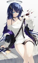 Rule 34 | 1girl, absurdres, arknights, black choker, black jacket, black panties, blue eyes, blue hair, bra strap, choker, commentary, feet out of frame, grey background, halo, hand up, highres, horns, jacket, long hair, long sleeves, looking at viewer, mostima (arknights), nash11, off-shoulder shirt, off shoulder, panties, shirt, sitting, solo, thigh strap, thighs, underwear, very long hair, white shirt