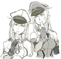 Rule 34 | 10s, 2girls, anchor, aqua eyes, bismarck (kancolle), black gloves, blue eyes, breasts, capelet, detached sleeves, gloves, graf zeppelin (kancolle), greyscale, hair between eyes, hat, kantai collection, large breasts, long hair, looking at another, military, military hat, military uniform, monochrome, multiple girls, necktie, peaked cap, sidelocks, takatsuki nato, twintails, uniform, upper body
