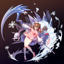 Rule 34 | 1girl, absurdres, animal ears, brown hair, cat ears, dress, fan zhongli cangshu, full body, highres, holding, holding scythe, ice, long hair, long sleeves, looking at viewer, low twintails, original, pink dress, pink footwear, puffy long sleeves, puffy sleeves, scythe, shirt, shoes, snowflakes, socks, solo, twintails, very long hair, white shirt, white socks