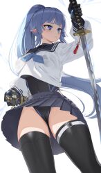 Rule 34 | 1girl, absurdres, black sailor collar, black skirt, black thighhighs, blue hair, blue neckerchief, commission, copyright request, goback, highres, holding, holding sword, holding weapon, katana, long hair, looking away, looking to the side, neckerchief, one-piece swimsuit, pointy ears, ponytail, sailor collar, school uniform, serafuku, simple background, skirt, solo, swimsuit, swimsuit under clothes, sword, thighhighs, weapon, white background